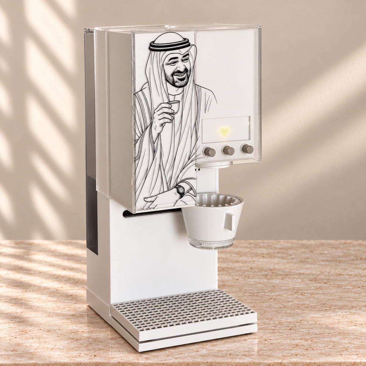 غطاء أكريليك فنجان رئيس الإمارات برسم خطي لصاحب السمو الشيخ محمد بن زايد يحمل فنجان القهوة على واجهة xBloom Studio
